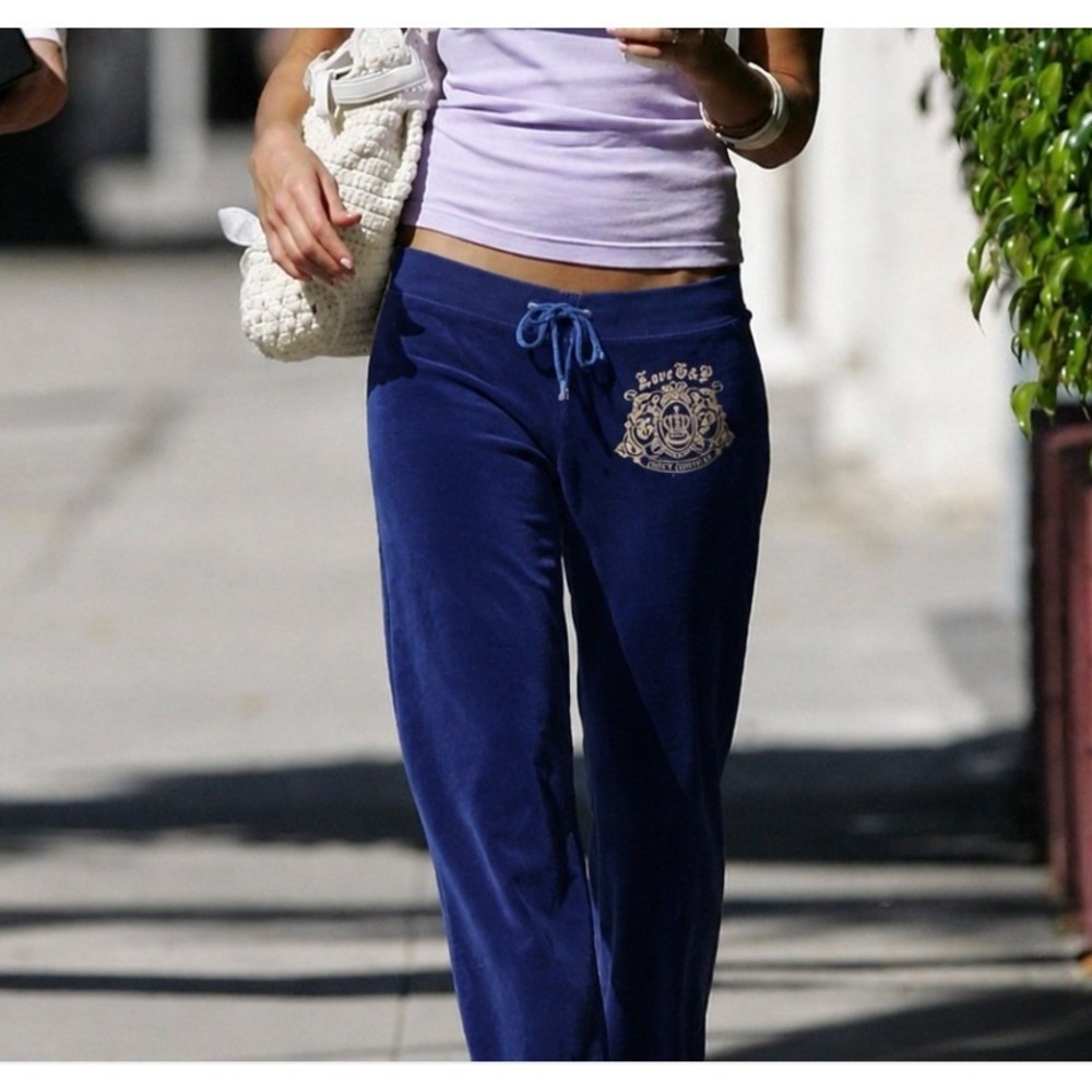Y2K Juicy Couture Navy Blue Velour Track Pants Gold Royalty Small